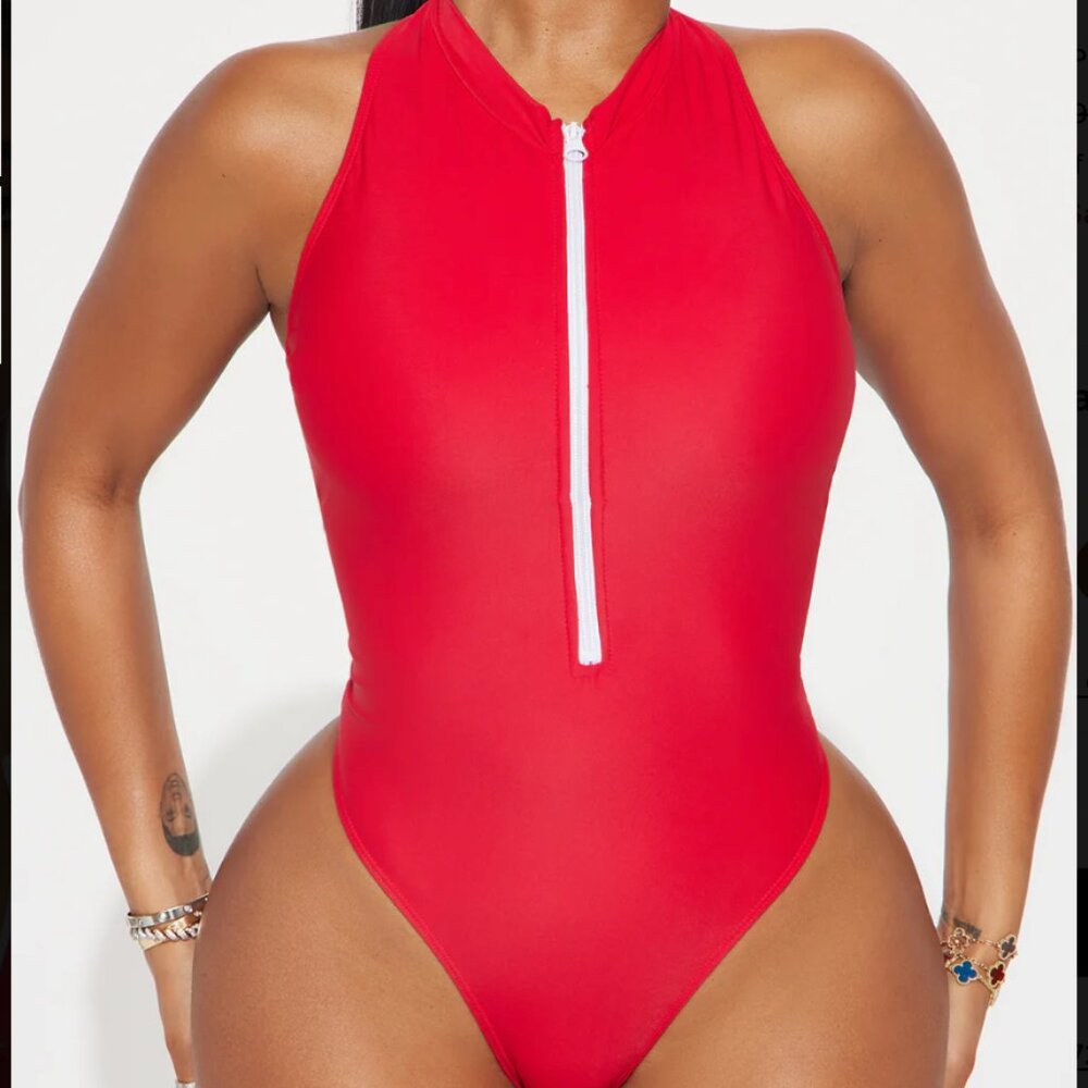 Evelyn Zip Up 1 Piece Swimsuit - Red